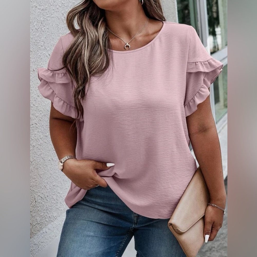 Pink Ruffle Trim Petal Sleeve Blouse